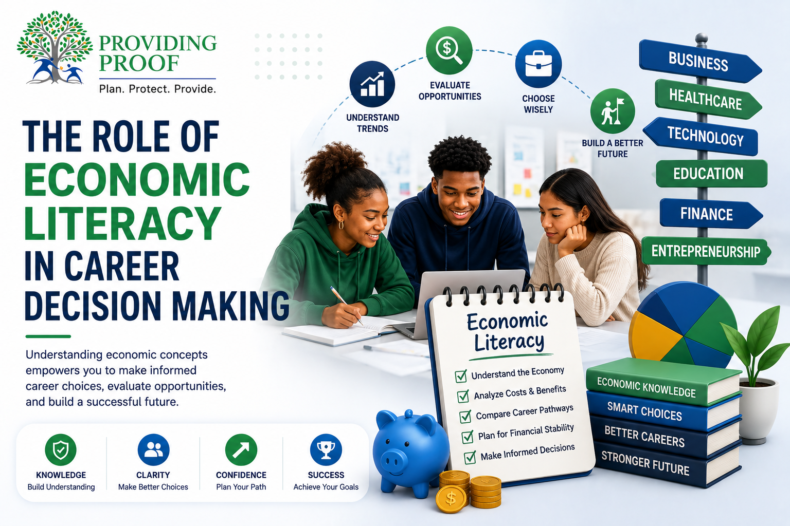 A young professional analyzing career options and economic data while planning their professional path