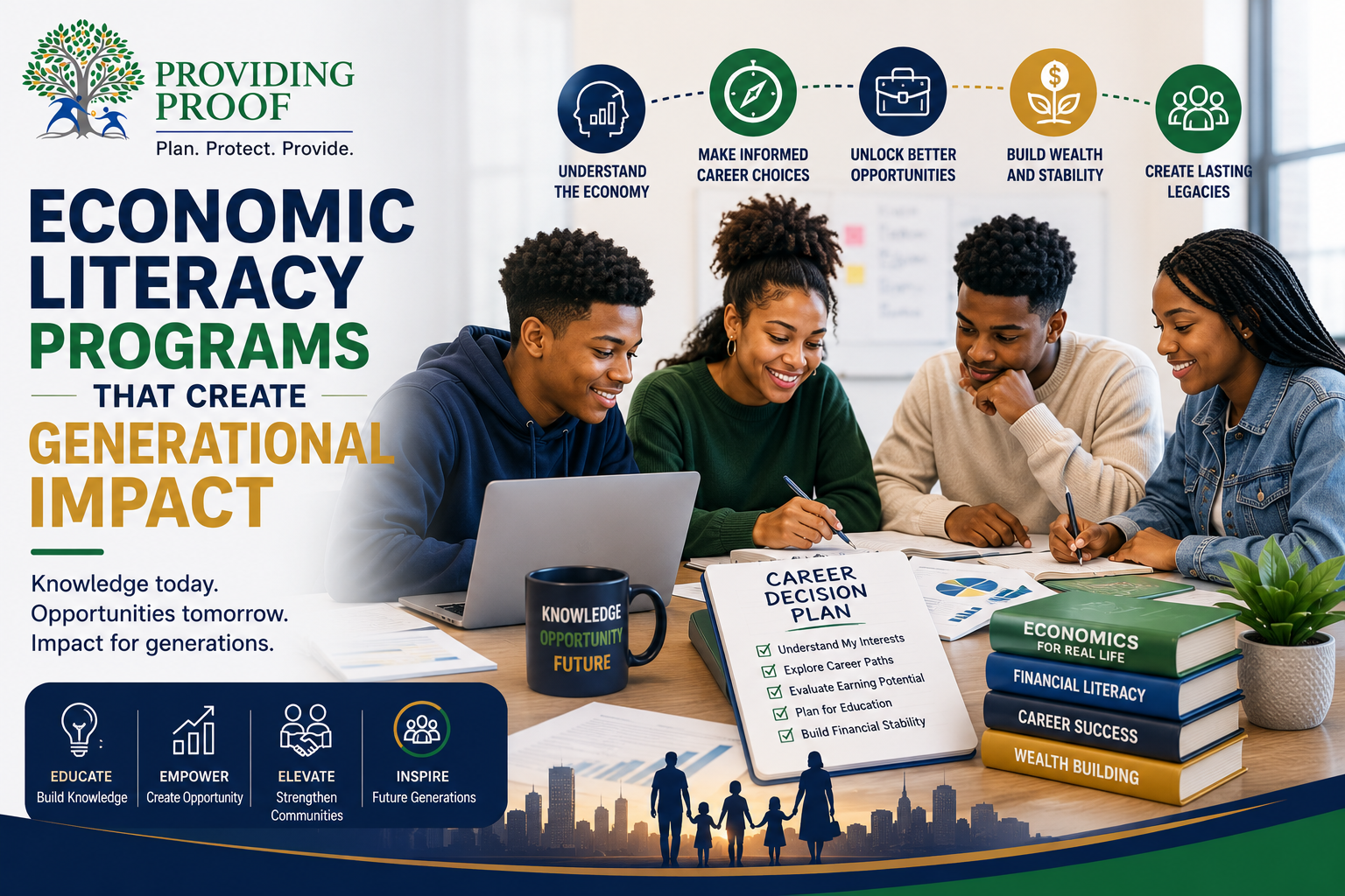 Diverse youth participating in a community-based economic literacy program with mentors and educators